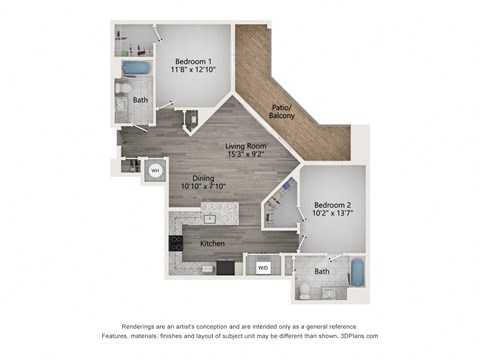 Floor plan for 2 beds, 2 baths, 1094 sqft