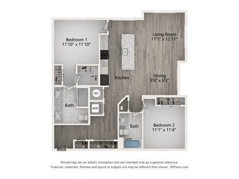 Floor plan for 2 beds, 2 baths, 1276 sqft