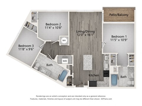Floor plan for 3 beds, 2 baths, 1109 sqft