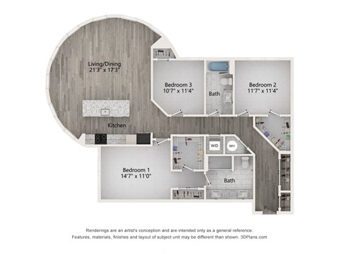 Floor plan for 3 beds, 2 baths, 1592 sqft