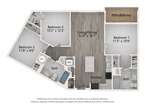 Floor plan for 3 beds, 2 baths, 1109 sqft