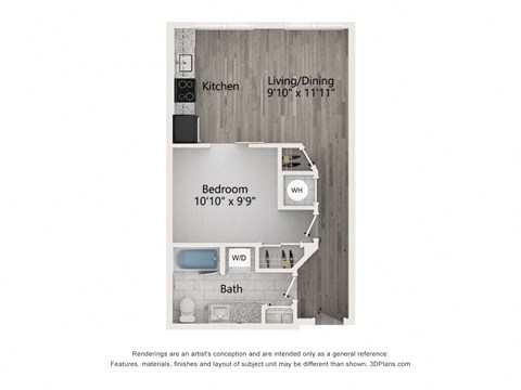Floor plan for 1 bed, 1 bath, 592 sqft