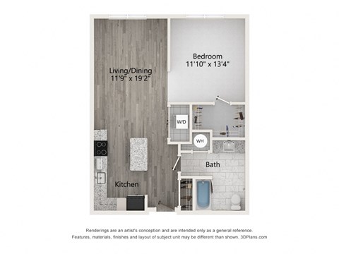 Floor plan for 1 bed, 1 bath, 789 sqft