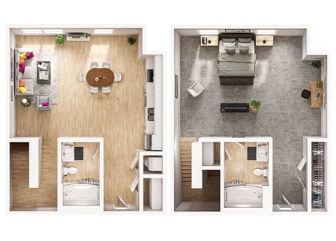 Floor plan for 1 bed, 2 baths, 750 sqft
