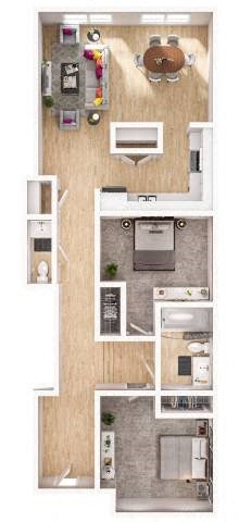 Floor plan for 2 beds, 1.5 baths, 866 sqft