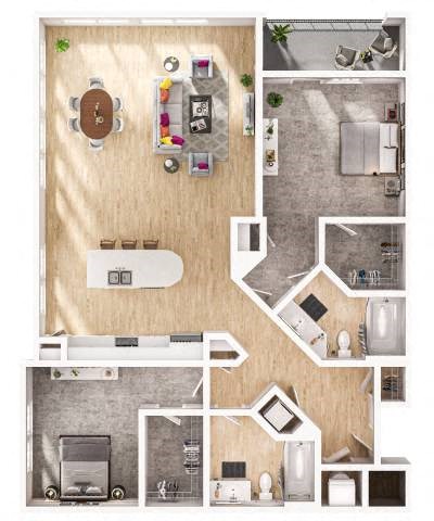 Floor plan for 2 beds, 2 baths, 1265 sqft
