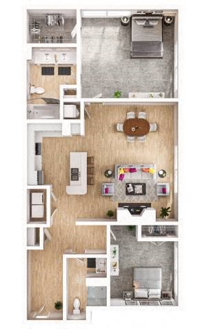 Floor plan for 2 beds, 2 baths, 1023 sqft