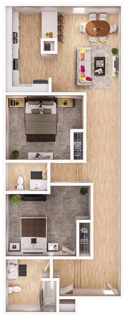 Floor plan for 2 beds, 1.5 baths, 1020 sqft