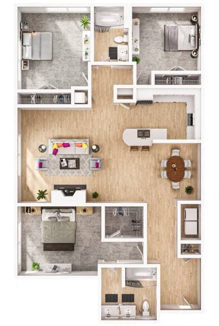 Floor plan for 3 beds, 2 baths, 1410 sqft