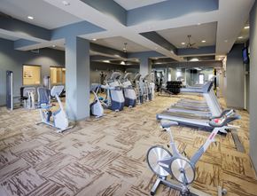 Mooresville apartment for rent - a gym with cardio machines and weights on a wooden floor