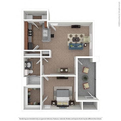 Floor plan for 1 bed, 1 bath, 688 sqft