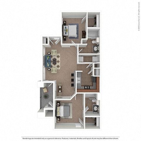 Floor plan for 2 beds, 2 baths, 917 sqft