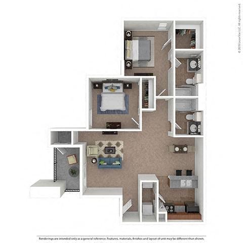 Floor plan for 2 beds, 2 baths, 976 sqft