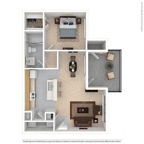 Floor plan for 1 bed, 1 bath, 702 sqft