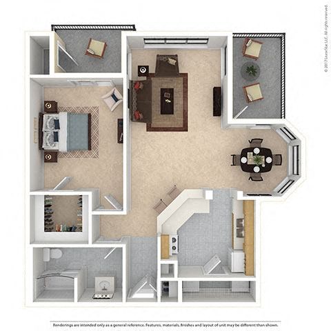 Floor plan for 1 bed, 1 bath, 845 sqft