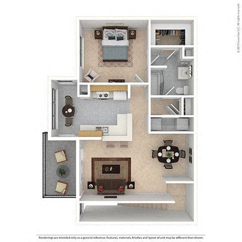 Floor plan for 1 bed, 1 bath, 855 sqft
