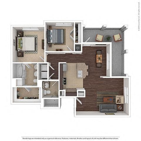 Floor plan for 2 beds, 2 baths, 1029 sqft