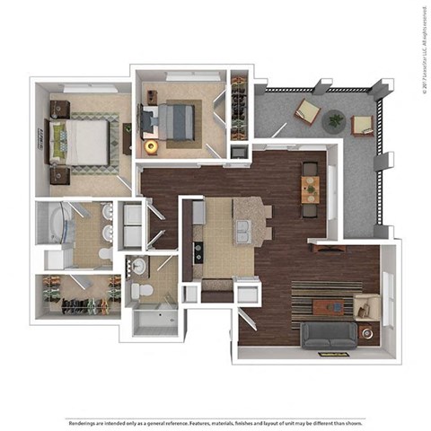 Floor plan for 2 beds, 2 baths, 1029 sqft