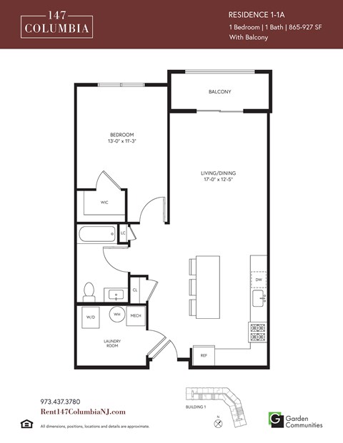 Floor plan for 1 bed, 1 bath, 876 sqft