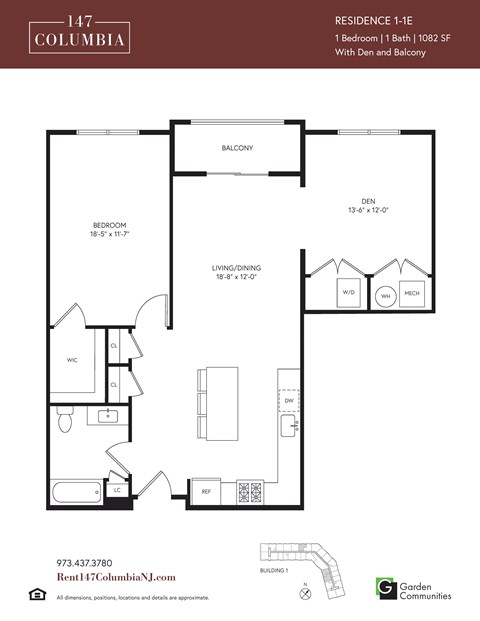 Floor plan for 1 bed, 1 bath, 1082 sqft