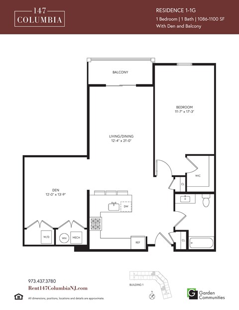 Floor plan for 1 bed, 1 bath, 1100 sqft