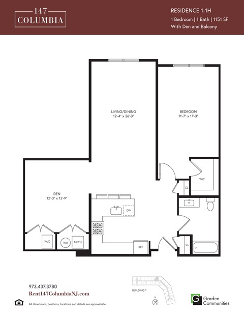 Floor plan for 1 bed, 1 bath, 1151 sqft