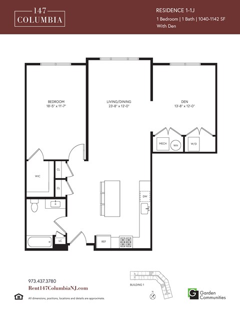 Floor plan for 1 bed, 1 bath, 1142 sqft