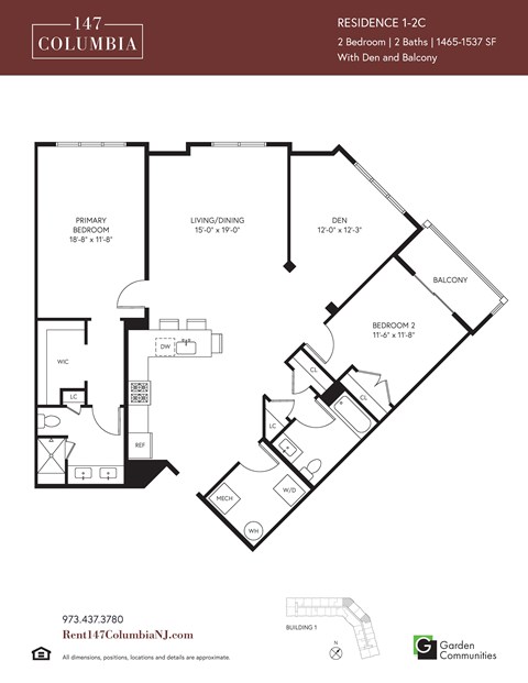 Floor plan for 2 beds, 2 baths, 1537 sqft