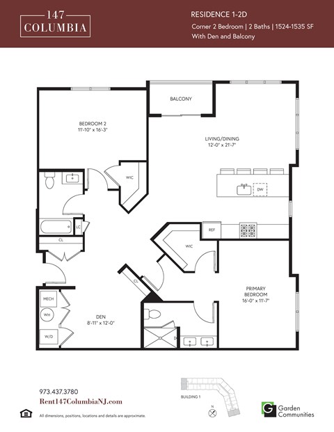 Floor plan for 2 beds, 2 baths, 1524 sqft