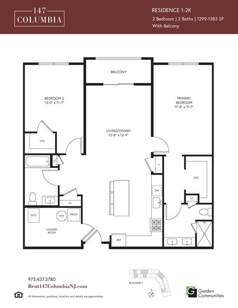 Floor plan for 2 beds, 2 baths, 1344 sqft