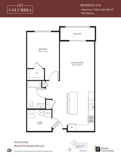 Floor plan for 1 bed, 1 bath, 861 sqft