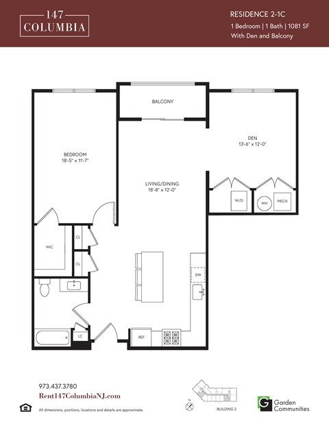 Floor plan for 1 bed, 1 bath, 1081 sqft