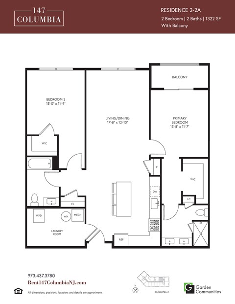 Floor plan for 2 beds, 2 baths, 1322 sqft