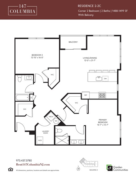 Floor plan for 2 beds, 2 baths, 1488 sqft