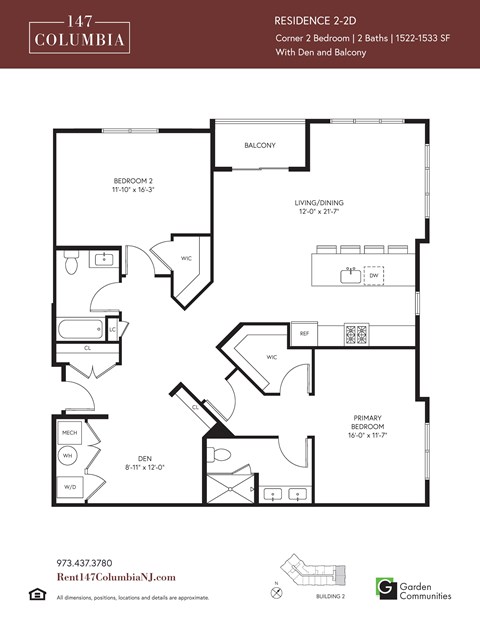 Floor plan for 2 beds, 2 baths, 1533 sqft