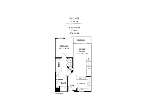Floor plan for 1 bed, 1 bath, 874 sqft