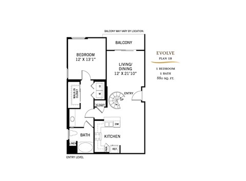 Floor plan for 1 bed, 1 bath, 880 sqft