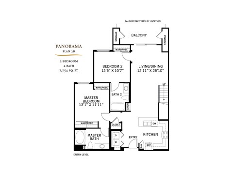 Floor plan for 2 beds, 2 baths, 1154 sqft