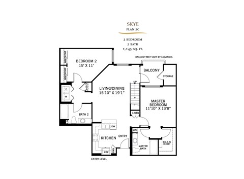 Floor plan for 2 beds, 2 baths, 1143 sqft