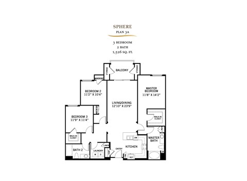 Floor plan for 3 beds, 2 baths, 1526 sqft