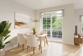 Florham Park apartment for rent - A dining room with a table set for two and a painting on the wall.