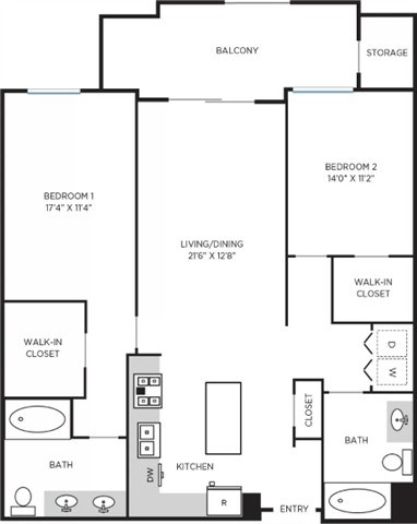 Floor plan for 2 beds, 2 baths, 1237 sqft