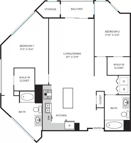 Floor plan for 2 beds, 2 baths, 1407 sqft