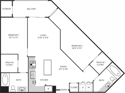 Floor plan for 2 beds, 2 baths, 1214 sqft