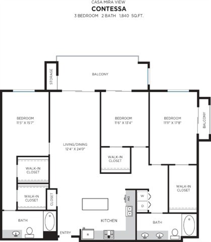 Floor plan for 3 beds, 2 baths, 1840 sqft