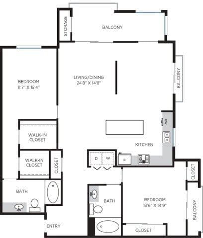 Floor plan for 2 beds, 2 baths, 1556 sqft
