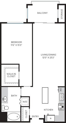Floor plan for 1 bed, 1 bath, 926 sqft
