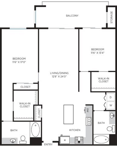 Floor plan for 2 beds, 2 baths, 1398 sqft