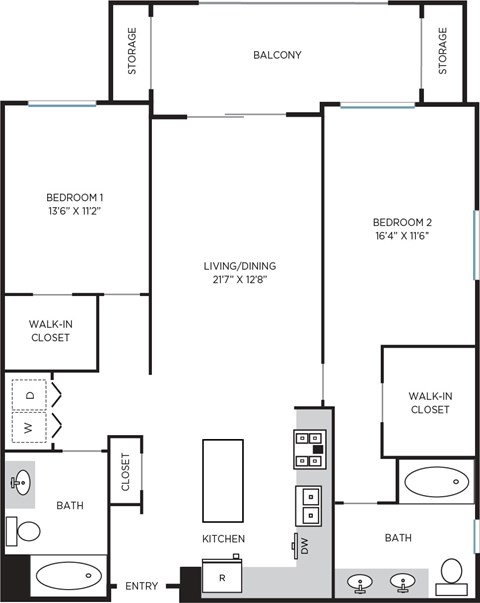 Floor plan for 2 beds, 2 baths, 1219 sqft