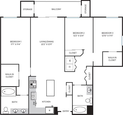 Floor plan for 3 beds, 2 baths